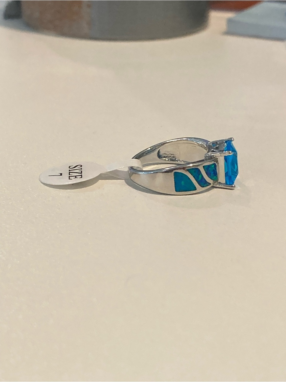 Blue CZ Square-Cut and Blue Opal Ring - Picture 5 of 13